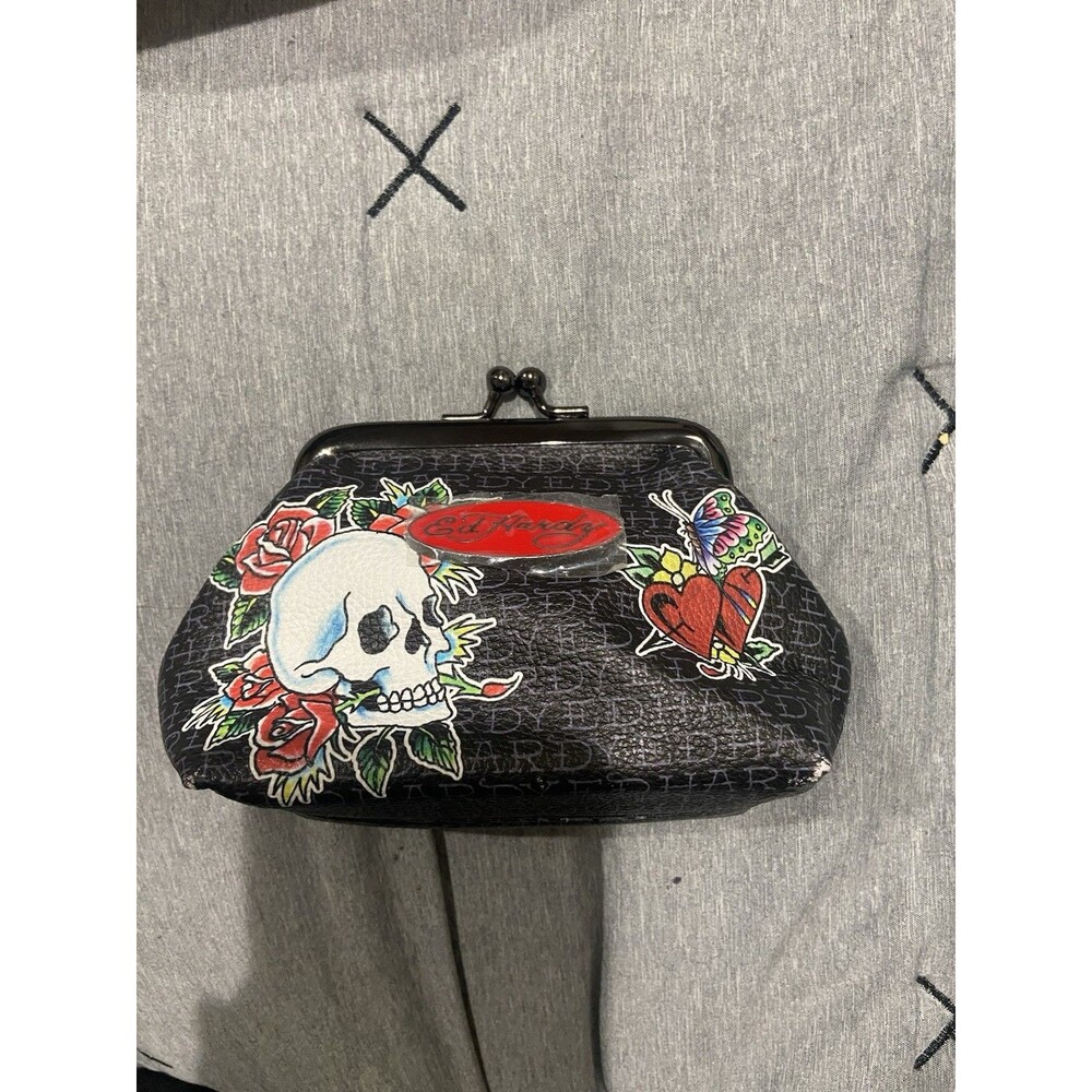 Ed Hardy Black Multicolor Skull Heart Butterfly Folding Wallet Logo Print